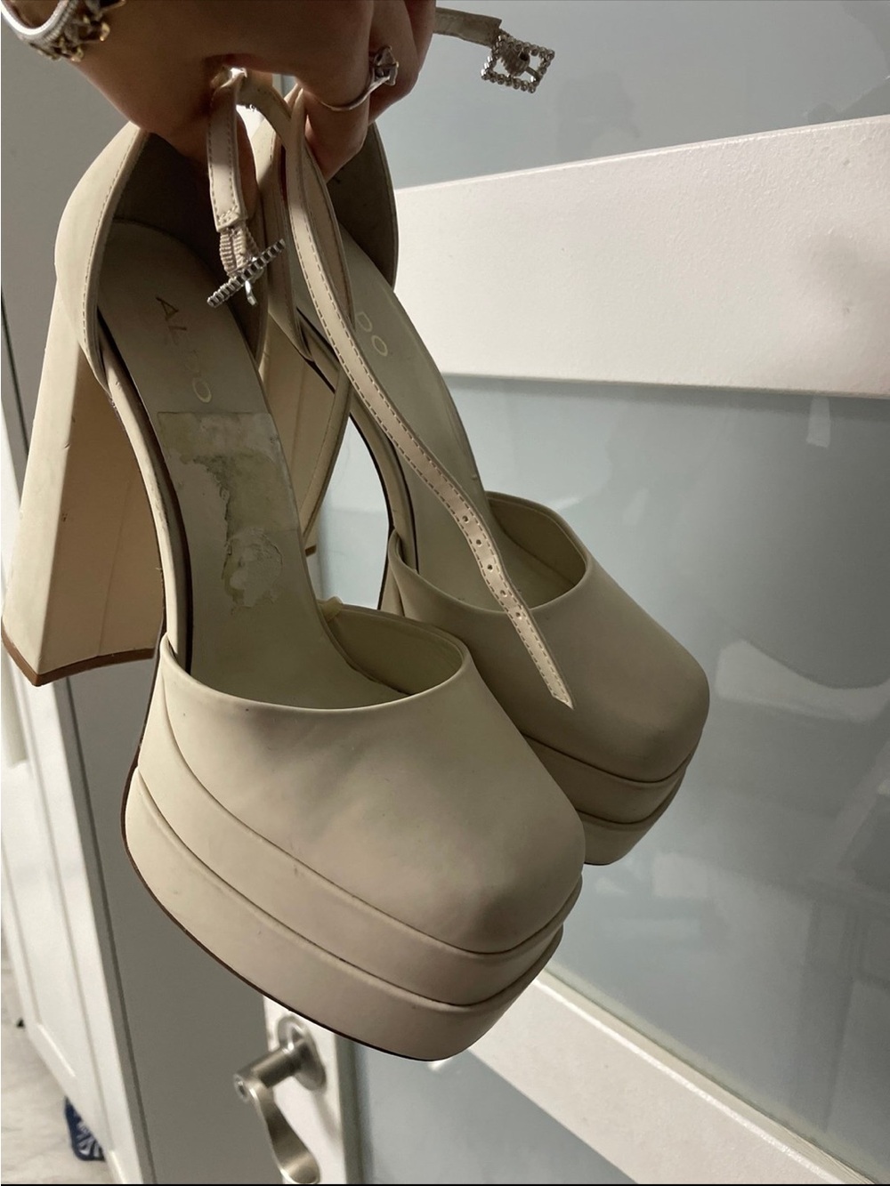 ALDO Elegant White grandle ankle Platform rhinestone strap Ankle-Strap Heels - Picture 4 of 5